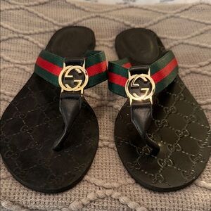 Gucci Black Flip Flops with Red and Green Straps
